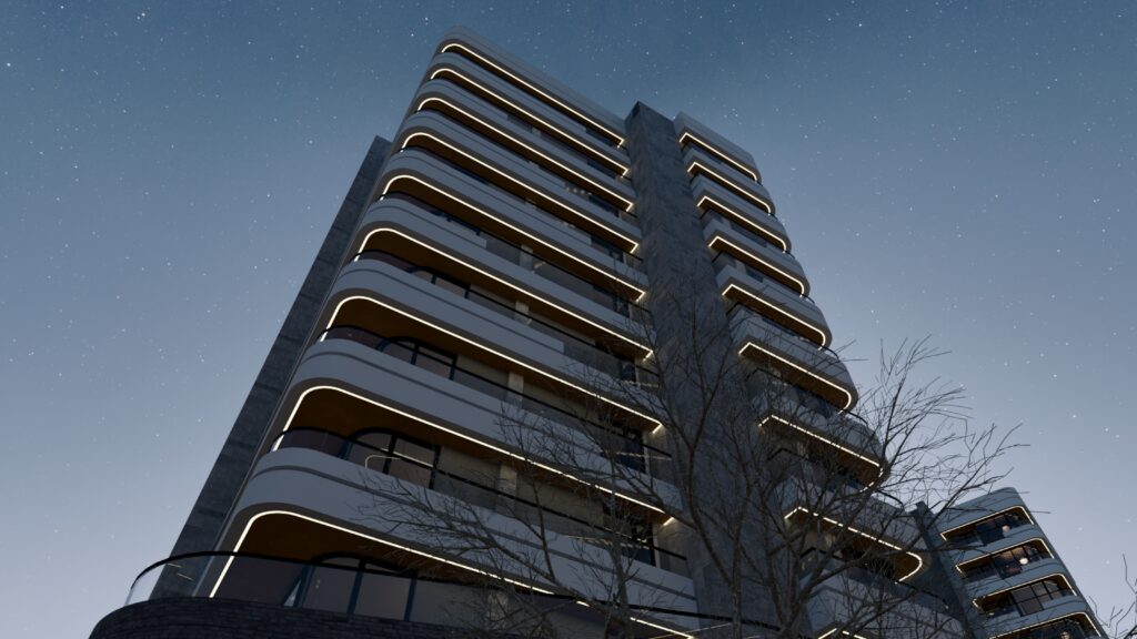 Velux Plus konut bloğu gece görünümü